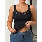 baratos Tanque Simples-Mulheres Top de emenda de renda Tanque Estriado Côr Sólida à moda Sem Manga Correias Decote V Tops regulares Casual Esportes Para Noite Preto Branco Cinzento Verão