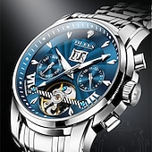 preiswerte Mechanische Uhren-Luxuriöse, automatische Herrenuhr, zweifarbiges Edelstahlgehäuse, blaues Zifferblatt im Skelett-Tourbillon-Stil, selbstaufziehende Business-Armbanduhr mit Großdatum, 24-Stunden-Anzeige, wasserdicht