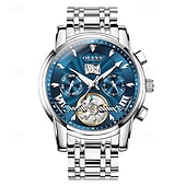 preiswerte Mechanische Uhren-Luxuriöse, automatische Herrenuhr, zweifarbiges Edelstahlgehäuse, blaues Zifferblatt im Skelett-Tourbillon-Stil, selbstaufziehende Business-Armbanduhr mit Großdatum, 24-Stunden-Anzeige, wasserdicht