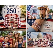 baratos 250º Aniversário dos EUA-Conjunto de 15/30 pulseiras elásticas patrióticas vermelhas, brancas e azuis para mulheres, pulseiras retrô boho de argila polimérica com miçangas para a celebração do 250º aniversário, joias para o