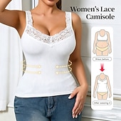 baratos Tanque Simples-Mulheres Top de emenda de renda Tanque Estriado Côr Sólida à moda Sem Manga Correias Decote V Tops regulares Casual Esportes Para Noite Preto Branco Cinzento Verão