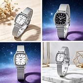 baratos Relógios Quartz-Women's Square Quartz Watch with Silver Mesh Strap, Minimalist Black Dial Ladies Fashion Watch, Elegant Vintage Small Face Wrist Watch for Women Girls, Birthday Gift for Her