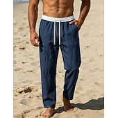 preiswerte Vakantie-Men's Linen Pants Trousers Summer Pants Beach Pants Drawstring Pocket Elastic Waist Color Block Comfort Breathable Knee Length Daily Outdoor Beach Vacation Fashion Black White Inelastic
