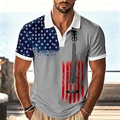  4. Juli 2026 250. Herren Amerikanische US-Flagge Gitarre Poloshirts Kurzarm Polo-Shirts Hemden mit Kragen Lässig Athleisure Festivalkleidung 3D-Druck Knöpfe Atmungsaktives Gewebe Sommer Frühling Blau