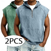 economico Canotte da palestra-softfade™ canotta da uomo 2 pezzi top gilet top in denim camicia lavaggio acido senza maniche cappuccio zip estate primavera semplice capo basic tinto cappuccio casual vacanza strada nero kaki top