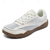 baratos Sapatos Casuais com Cadarço-Tênis masculino branco minimalista - modelo com biqueira larga e ajuste amplo em mesh - leve e respirável, ideal para caminhadas, viagens, uso diário e atividades casuais ao ar livre.