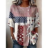  día de la independencia americana Mujer Camisa camisa boho Camisa casual Graphic Bandera Elegante Bohemia Vintage Manga Corta Cuello Barco Tops largos Casual Azul Piscina Blanco y Azul Gris+Azul+Rojo