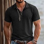 baratos Polo Clássico Masculino-Homens Camisa de linho Camisas Polo Casual Férias Clássico Manga Curta Férias Moda Tecido Textura Botões Verão Primavera Normal Azul Céu Preto Rosa Verde Azul Claro Camisa de linho