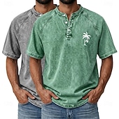 billige Casual Henley Tee-SoftFade™ Men's 2-PCS Coconut Tree T Shirt Demin Shirt 100% Cotton Acid Wash Shirt Short Sleeve Vintage Streetwear Casual Home Street Summer Spring Black Light Green Light Blue Stand