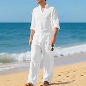 economico Camicie di lino-Per uomo Due pezzi Camicia popover Set Camicia E Pantaloni Impostare Semplice Casuale Quotidiano Vacanza Scollo a V Manica Lunga Estate Primavera Moda Casual Confortevole Abbigliamento