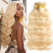 baratos 3 conjuntos de extensões de cabelo natural-Cabelo humano loiro 613#, 3 pacotes de cabelo humano ondulado, 18, 20 e 20 polegadas