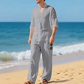 economico Camicie di lino-Per uomo Due pezzi Camicia popover Set Camicia E Pantaloni Impostare Semplice Casuale Quotidiano Vacanza Scollo a V Manica Lunga Estate Primavera Moda Casual Confortevole Abbigliamento