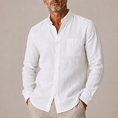 voordelige Klassiek-Heren linnen overhemd met knoopsluiting en button-down kraag, casual, geschikt voor dagelijks gebruik en formele gelegenheden, lange mouwen met zak, lente &amp;zomerkleding