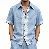baratos Classic-Men's Shirt Linen Shirt Viking Style Summer Shirt Button Up Shirt Solid Color Casual Vacation Blue Black White Khaki Short Sleeve Turndown Summer Spring Clothing Apparel
