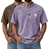 billige Casual Henley Tee-SoftFade™ Men's 2-PCS Coconut Tree T Shirt Demin Shirt 100% Cotton Acid Wash Shirt Short Sleeve Vintage Streetwear Casual Home Street Summer Spring Black Light Green Light Blue Stand