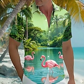 cheap Birds &amp; Animals-Men's Flamingo Coconut Palm Tropical Plants Summer Hawaiian Shirt Tropical Shirts Aloha Shirt Short Sleeve Hawaiian Daily Beach Vacation Wear Summer Spring Turndown 3D Print Button Up Shirts Green