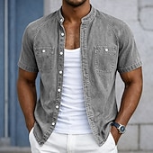 abordables Chemises décontractées intelligentes pour hommes-Chemise Homme SoftFade™ Chemise Décontractée Chemise Décolorée Teinte Vêtements 100% Coton Chemise Délavée Bleue Noire Rose Violet Verte Manches Courtes Col Grandad Uni Quotidien Patchwork