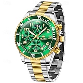 economico Orologi al quarzo-Orologio cronografo da uomo Olevs di lusso con quadrante verde, bicolore in acciaio inossidabile, fasi lunari, impermeabile, luminoso, analogico al quarzo, orologio da polso da uomo con quadrante