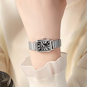 cheap Quartz Watches-Women's Rectangular Watch, Vintage Silver Stainless Steel Expansion Band Watch with Black Roman Numeral Dial, Elegant Ladies Stretch Bracelet Wristwatch, Retro Fashion Jewelry Gift