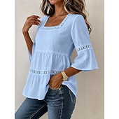 abordables Chemises-Haut classique en coton et lin pour femme, élégant, à empiècements de dentelle et volants superposés, manches 3/4, col carré, coupe droite, idéal pour un look décontracté au quotidien. Disponible en