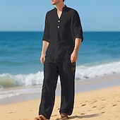 economico Camicie di lino-Per uomo Due pezzi Camicia popover Set Camicia E Pantaloni Impostare Semplice Casuale Quotidiano Vacanza Scollo a V Manica Lunga Estate Primavera Moda Casual Confortevole Abbigliamento