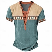levne Vintage &amp;amp; Retro-Pánské Geometrický Americká americká vlajka Geleneksel Tričko Tričko Henley Trička Krátký rukáv Designové Základní Cikánské Ležérní Denní Venkovní Léto Jaro Jezerní modrá Světle zelená Námořnick