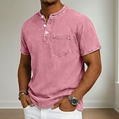 preiswerte Basic-T-Shirts-Herren T Shirt Henley Hemd Hemd aus 100 % Baumwolle in Säurewaschung T-Shirt Kurzarm Stehkragen Henley Herbst Winter Sommer Frühling Einfach Vintage Streetwear Lässig Gewaschen Raglanärmel Lässig