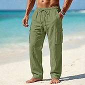 preiswerte Urlaub-Herren Cargo-Hosen Hose Sommerhose Strandhose Gaze-Hosen Kordelzug Elastischer Bund Mehrere Taschen Einfach Komfort Weich Volle Länge Täglich Outdoor Strand Urlaub Mode Khaki Schwarz Unelastisch
