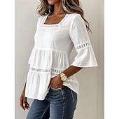abordables Chemises-Haut classique en coton et lin pour femme, élégant, à empiècements de dentelle et volants superposés, manches 3/4, col carré, coupe droite, idéal pour un look décontracté au quotidien. Disponible en