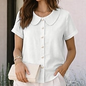 billige Enkle bluser-Dame Skjorte Sommerskjorte Uformell skjorte Skjorte med knapper Helfarge عادي Elegant Ferie Mote Kortermet Peter Pan krage Vanlige topper Gateklær Strand Ferie Blå Svart Hvit Rosa Rød Sommer Vår Høst