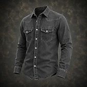 baratos Camisas de trabalho masculinas-Camisa masculina Softfade™, estilo cargo, lavagem ácida, tingida em preto, bordô, verde, azul claro, manga longa, lisa, gola, casual, para uso diário, com bolso frontal, elegante e moderna.