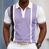 baratos Polo Geométrico Masculino-Homens Tiras verticais Linha Camisas Polo Manga Curta Camisas polo Camisas de colarinho Casual Roupa Esportiva Impressão 3D Botões Malha Respirável Primavera Verão Azul Roxo Marron