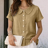 billige Enkle bluser-Dame Skjorte Sommerskjorte Uformell skjorte Skjorte med knapper Helfarge عادي Elegant Ferie Mote Kortermet Peter Pan krage Vanlige topper Gateklær Strand Ferie Blå Svart Hvit Rosa Rød Sommer Vår Høst