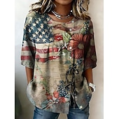  día de la independencia americana Mujer Camisa camisa boho Camisa casual Graphic Bandera Elegante Bohemia Vintage Manga Corta Cuello Barco Tops largos Casual Azul Piscina Blanco y Azul Gris+Azul+Rojo
