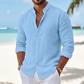 economico Vacanza-Per uomo Camicia Camicia Estiva Abbigliamento da spiaggia Camicia con Bottoni Semplice Casuale Vacanza Blu Nero Bianco Rosa Manica Lunga Collo alla coreana Primavera &amp; Estate Estate Abbigliamento