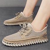 cheap Casual Lace-Up Shoes-Men's Beige Knit Casual Sneakers, Lightweight Lace-Up Comfort Walking Shoes for Daily Wear, Travel, Weekend Leisure and Smart Casual Outfits