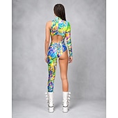 abordables Impresión-Bodysuit Onesie Costume Printing Cutout Women's Neon Asymmetric Rave Graphic Abstract Costume for Music Festival Party Nightclub Halloween Carnival Adults'