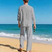 economico Camicie di lino-Per uomo Due pezzi Camicia popover Set Camicia E Pantaloni Impostare Semplice Casuale Quotidiano Vacanza Scollo a V Manica Lunga Estate Primavera Moda Casual Confortevole Abbigliamento