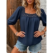  Mulheres Camisas com toque de linho Blusa Guarnição do laço Côr Sólida Diário à moda Básico Manga 3/4 Decote Quadrado Tops regulares Casual Diário Azul Branco Rosa Azul Marinha Verde Verão Primavera