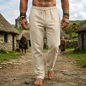 abordables Fondos-Medieval Renacimiento Pantalones Vikingo Tejido con 95% de mezcla de lino Plano Disfraz Hombre Víspera de Todos los Santos Carnaval Rendimiento LARP Feria Ren Adulto Pantalones