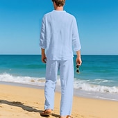 economico Camicie di lino-Per uomo Due pezzi Camicia popover Set Camicia E Pantaloni Impostare Semplice Casuale Quotidiano Vacanza Scollo a V Manica Lunga Estate Primavera Moda Casual Confortevole Abbigliamento