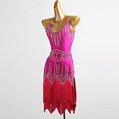 abordables vestido de competición-Latin Dance Dress Rhinestone Tassel Splicing Women's Party Performance Sleeveless Salsa Rumba Competition Costume
