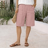 cheap Pants-Women's Cotton Linen Shorts Bermuda Shorts Shorts Baggy Shorts Vacation Vintage Fashion Knee Length Low Waist Solid Color Plain Pocket Elastic Waistband Comfort Soft Breathable Inelastic Streetwear