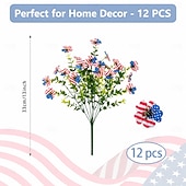 baratos Flor artificial-12 ramos de flores artificiais patrióticas com folhas de eucalipto, decoração vermelha, branca e azul para o 250º aniversário dos EUA, Dia da Memória e Dia dos Veteranos.