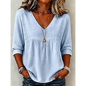  Femmes Chemise Couleur Unie Uni Bohème Vacances ancien Col en V Hauts Longs Occasionnel Bleu Blanche Noir Jaune Rose Claire Été Printemps