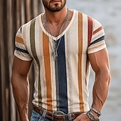 cheap Vacation Tropical T Shirts-Men's Color Block Stripes T Shirt Short Sleeve T shirt 3D Print V Neck Shirt Vacation Casual Daily Holiday Red Orange Brown Spring &amp; Summer Clothing Apparel S M L XL XXL XXXL