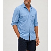 abordables Clásico-Camisa de lino transpirable para hombre - camisa casual de verano de manga larga - azul, negro, blanco