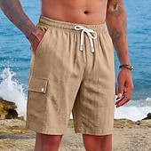 cheap Holiday-Men's Shorts Linen Shorts Summer Shorts Beach Shorts Drawstring Elastic Waist Multi Pocket Plain Comfort Soft Knee Length Daily Outdoor Beach Vacation Fashion Khaki Black Inelastic