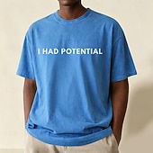  Camiseta masculina sarcástica "Eu tinha potencial" 100% algodão, lavagem ácida, tecido pesado, manga curta, estampa DTG, gola redonda, moda casual, férias, azul, preto, vermelho, primavera &vestuário