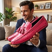voordelige Casual loafers-Rode heren loafers met krokodillenprint en kwastjes – elegante geklede schoenen, ademend leren instapmodel – geschikt voor kantoor, avondfeesten en speciale gelegenheden